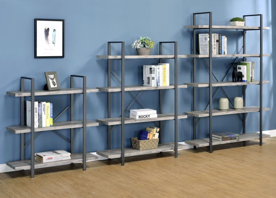 Cole 3-Shelf Bookcase Grey Driftwood and Gunmetal