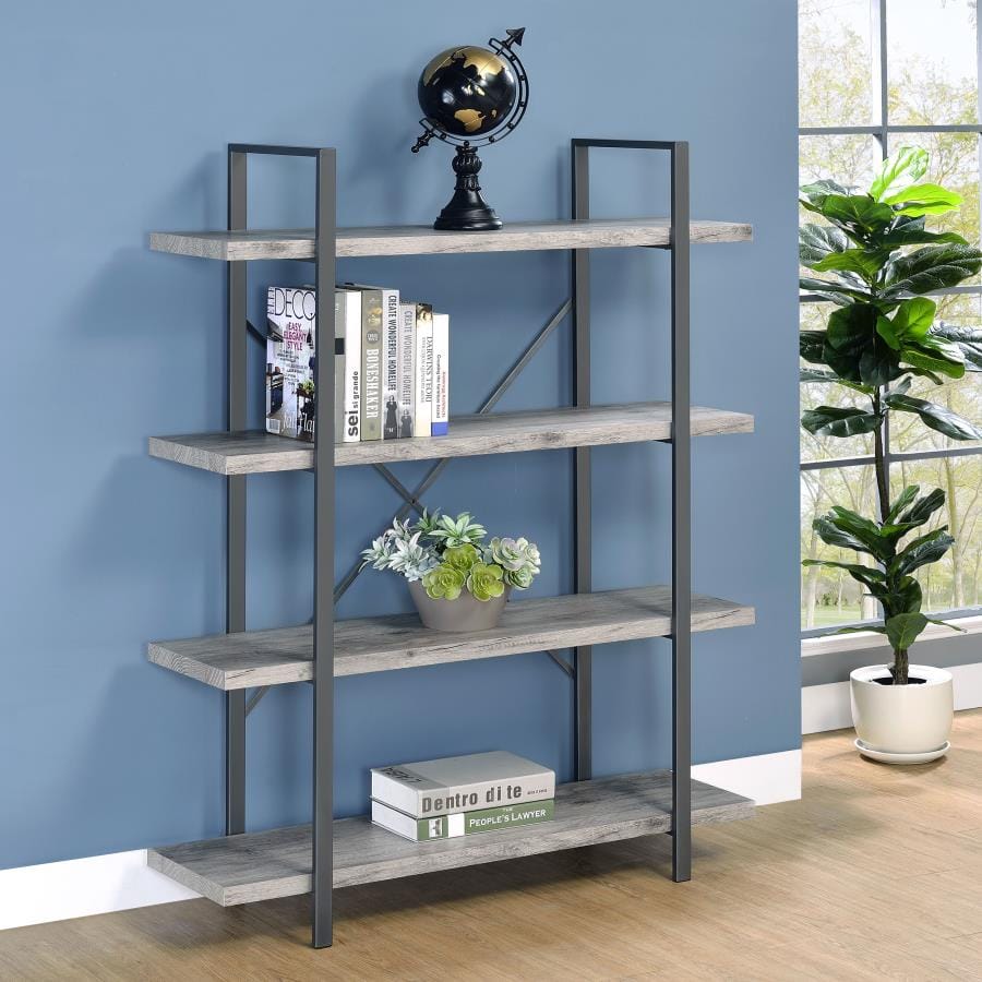 Cole 4-Shelf Bookcase Grey Driftwood and Gunmetal