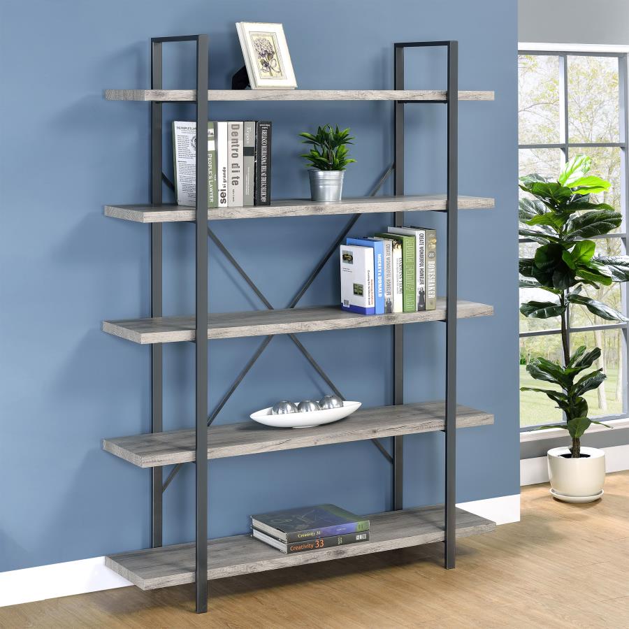 Cole 5-Shelf Bookcase Grey Driftwood and Gunmetal