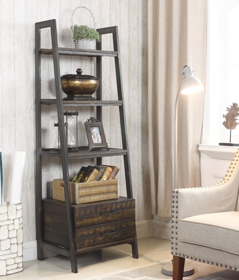 Delmar 2-drawer Bookcase Burnished Cognac and Weathered Gunmetal