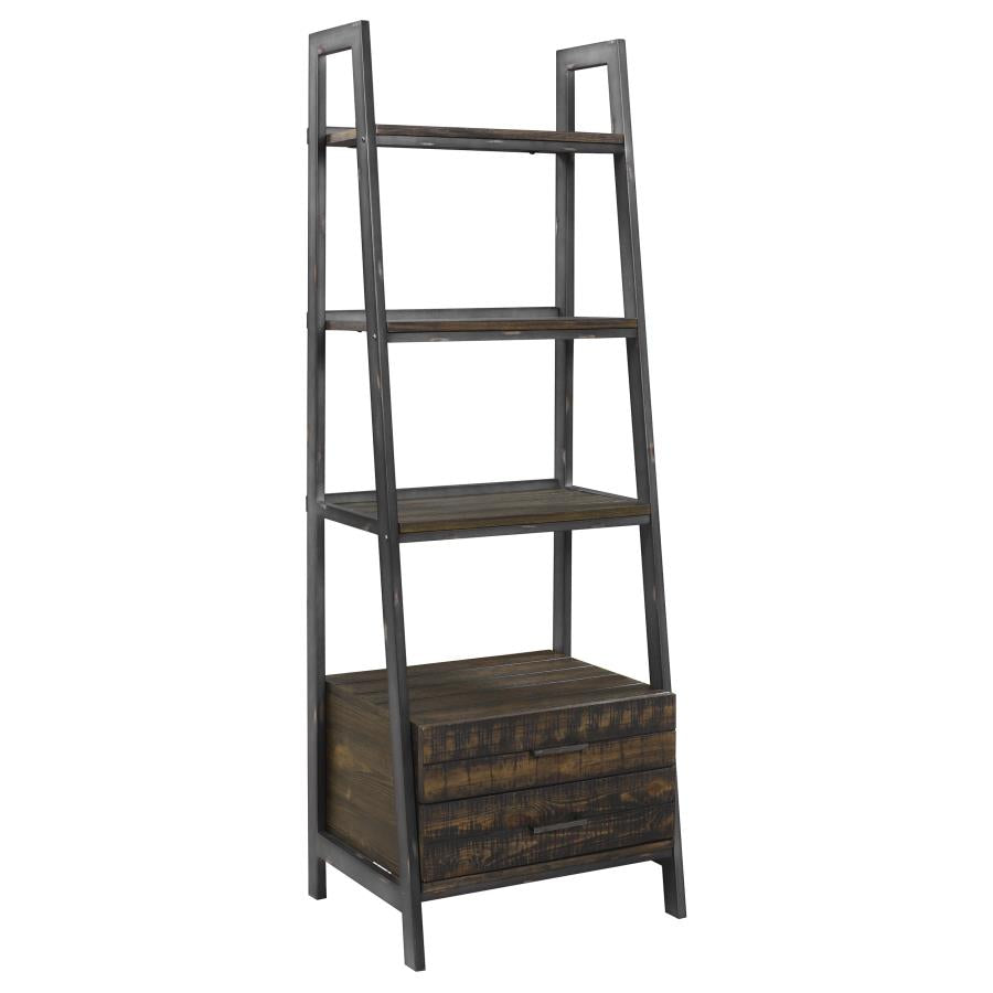 Delmar 2-drawer Bookcase Burnished Cognac and Weathered Gunmetal