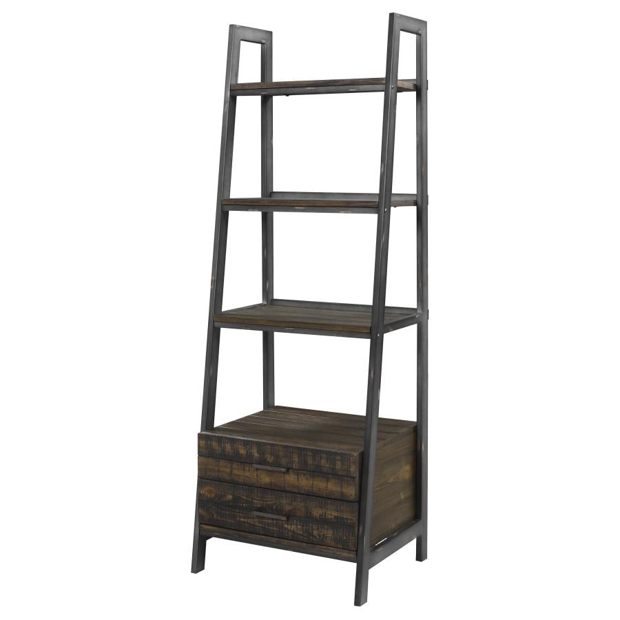 Delmar 2-drawer Bookcase Burnished Cognac and Weathered Gunmetal