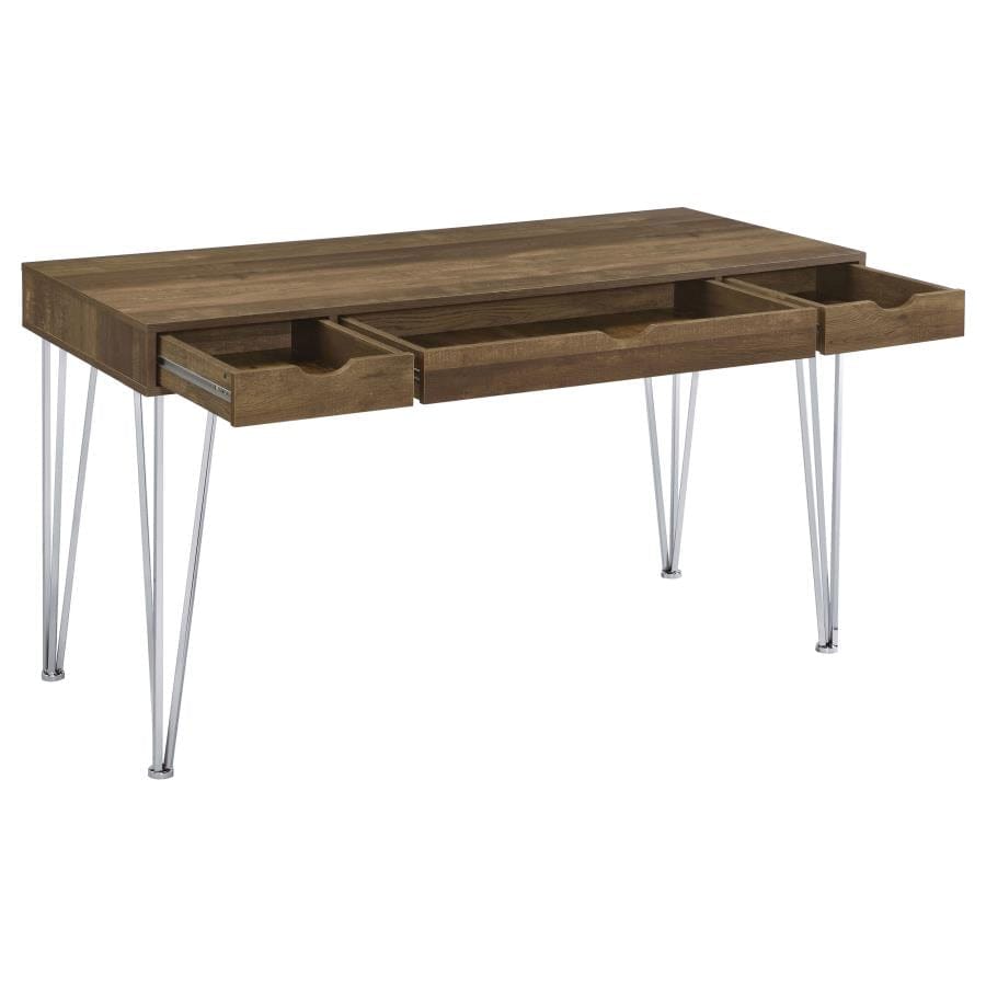 Milton 3-drawer Writing Desk Brown Oak and Chrome