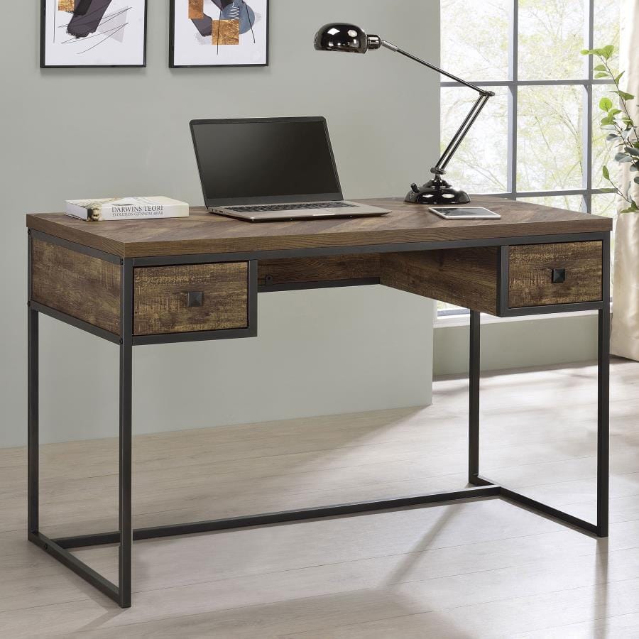 Millbrook 2-drawer Writing Desk Rustic Oak Herringbone and Gunmetal