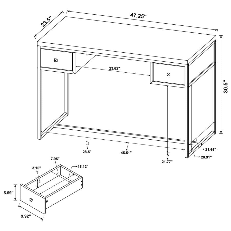 Millbrook 2-drawer Writing Desk Rustic Oak Herringbone and Gunmetal