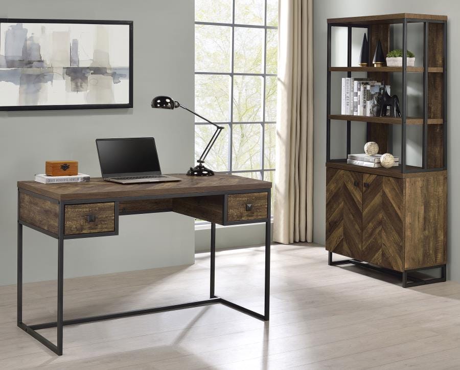 Millbrook 2-drawer Writing Desk Rustic Oak Herringbone and Gunmetal