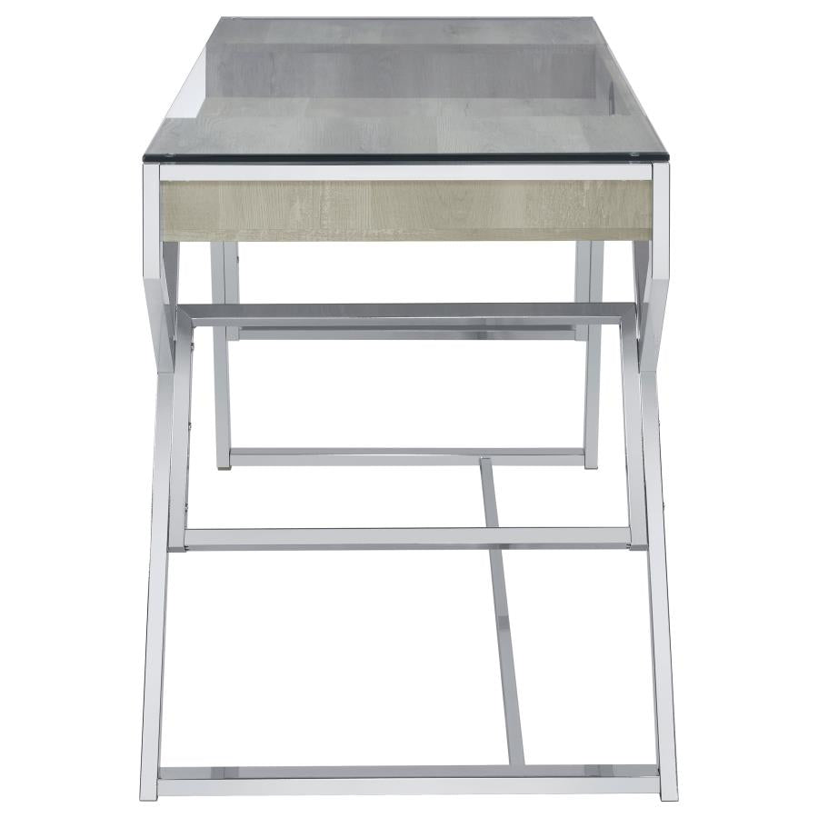 Emelle 2-drawer Glass Top Writing Desk Grey Driftwood and Chrome