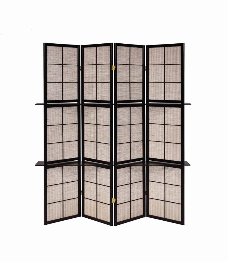 Iggy 4-panel Folding Screen with Removable Shelves Tan and Cappuccino