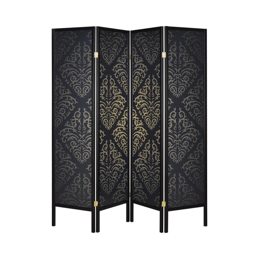 Haidera 4-panel Damask Pattern Folding Screen Black