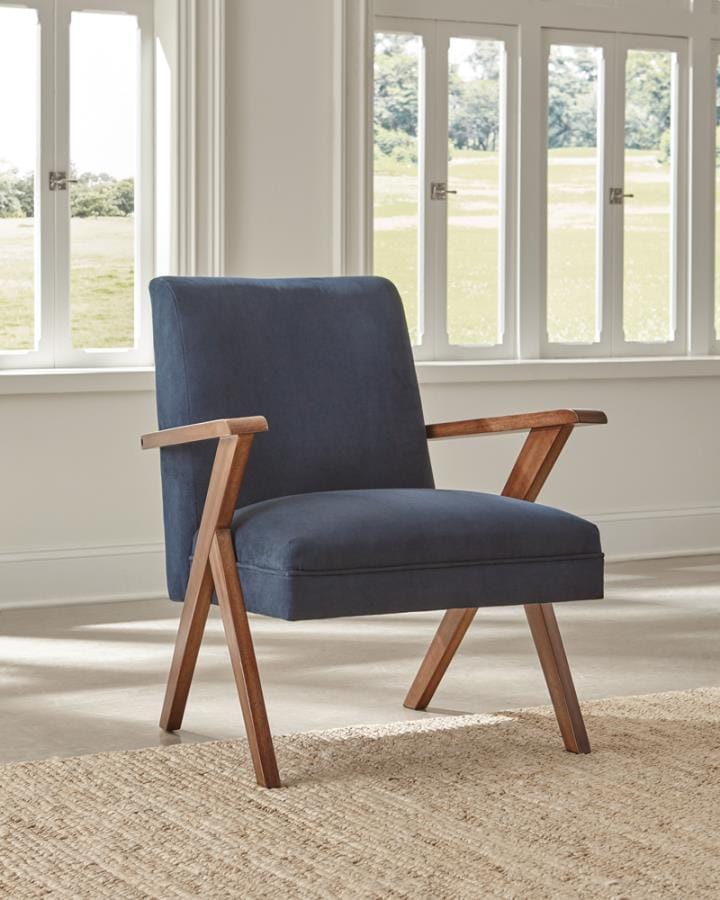 Cheryl Wooden Arms Accent Chair Dark Blue and Walnut