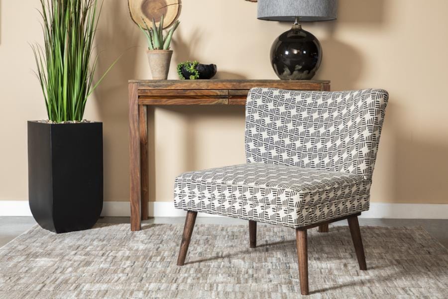 Upholstered Accent Chair with Wooden Leg Black and White