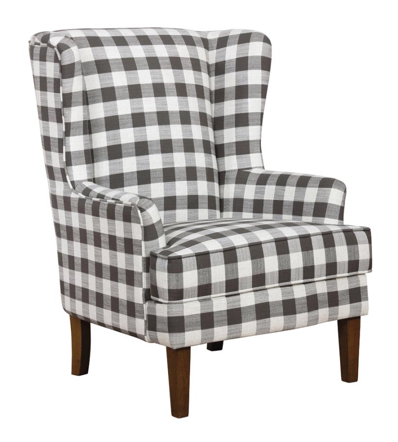 Plaid Upholstered Wingback Accent Chair Grey and Almond