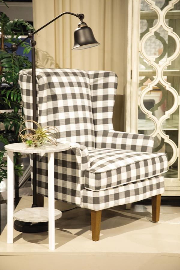 Plaid Upholstered Wingback Accent Chair Grey and Almond