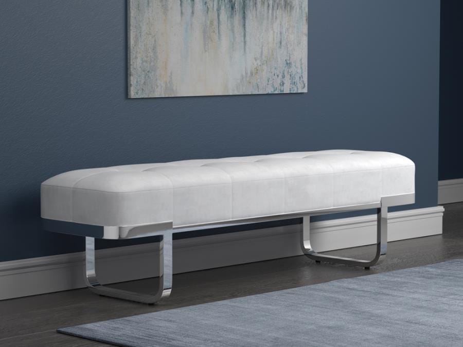Tufted Upholstered Bench Off White and Chrome