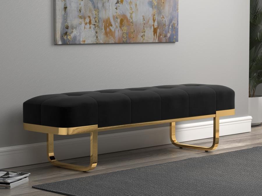 Tufted Upholstered Bench Black and Brass