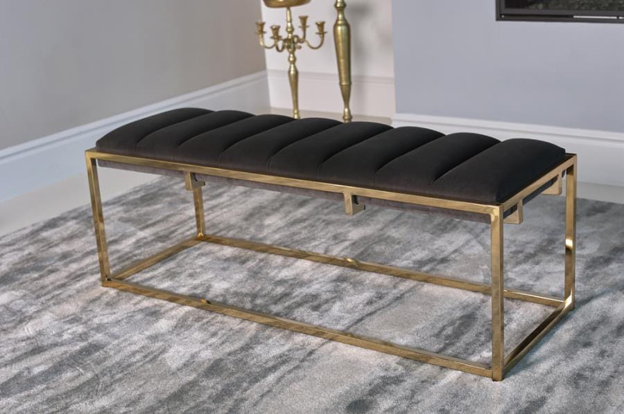 Lorena Tufted Cushion Bench Dark Grey and Gold