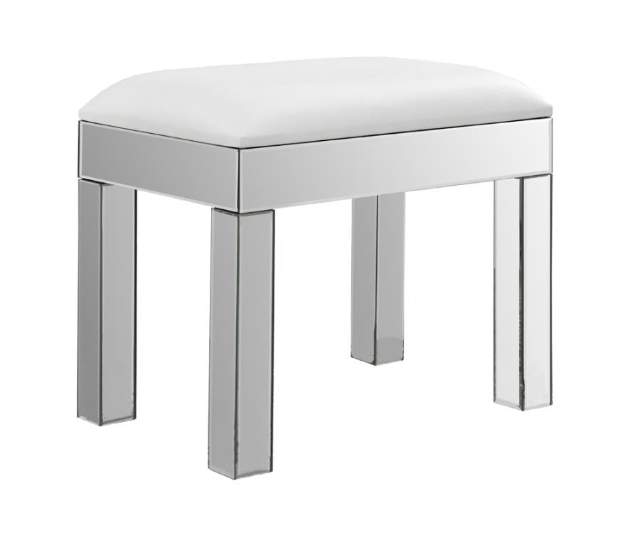 Rectangular Upholstered Vanity Stool White and Mirror