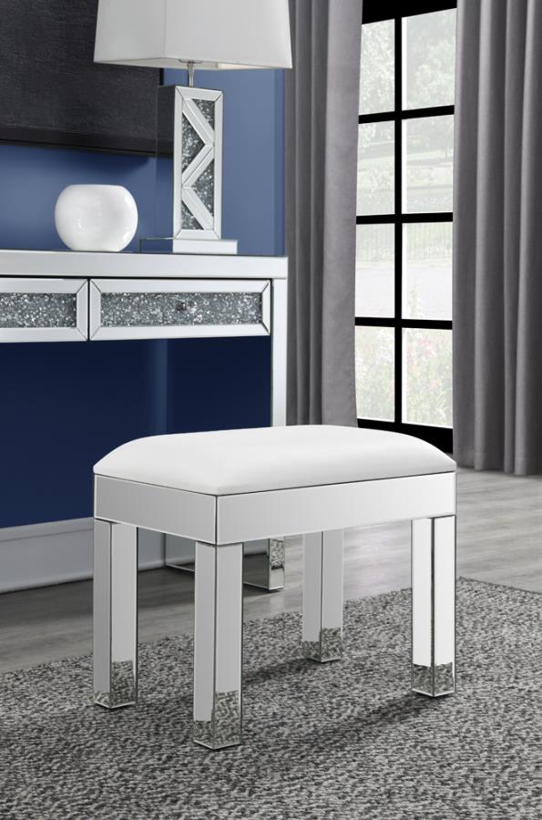 Rectangular Upholstered Vanity Stool White and Mirror