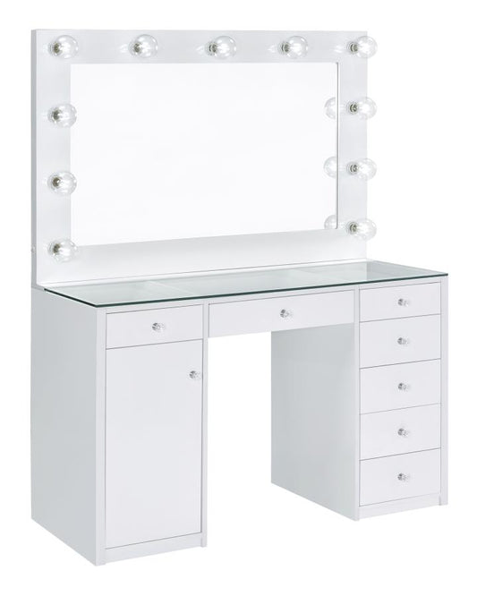 Percy 7-drawer Glass Top Vanity Desk with Lighting White