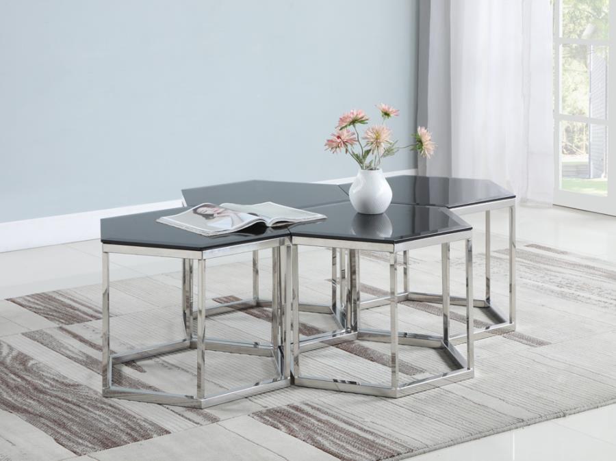 Hexagon Glass Top Accent Table Black and Silver