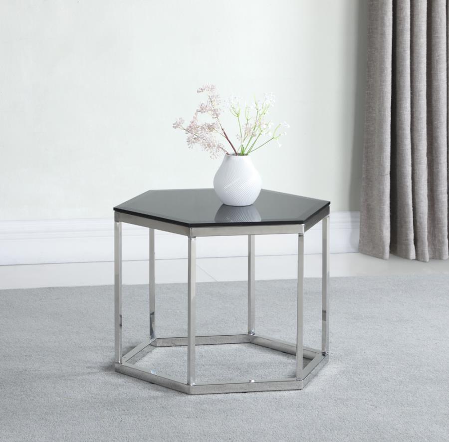 Hexagon Glass Top Accent Table Black and Silver