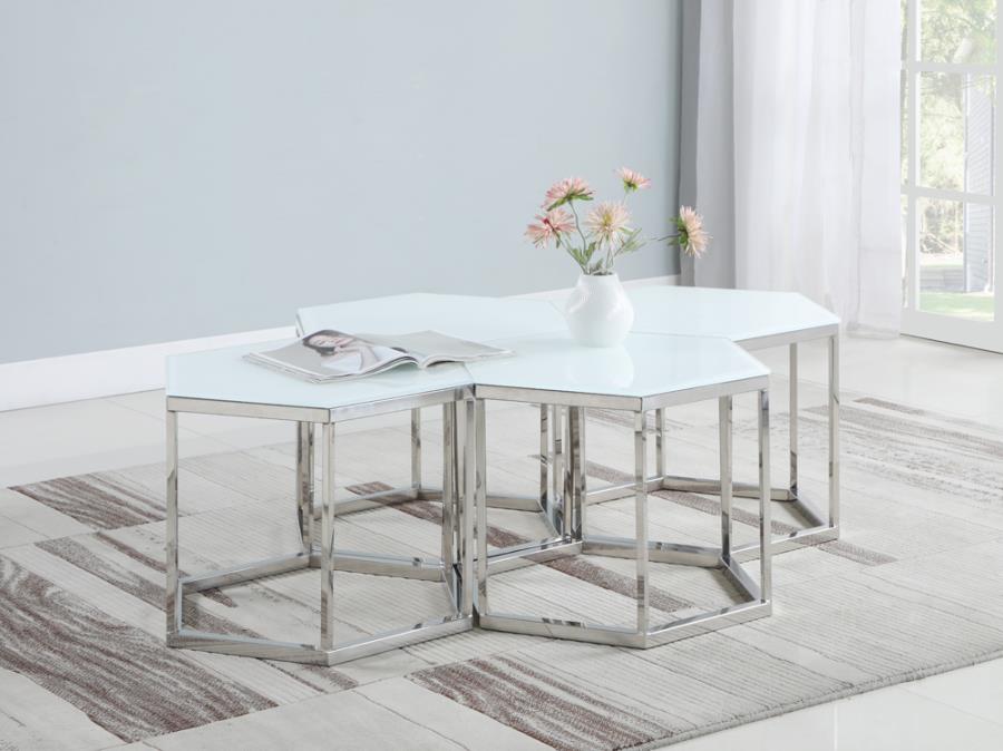 Hexagon Glass Top Accent Table White and Silver