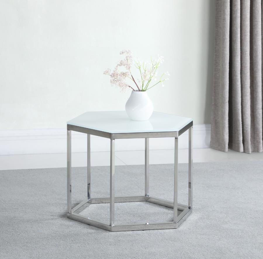 Hexagon Glass Top Accent Table White and Silver