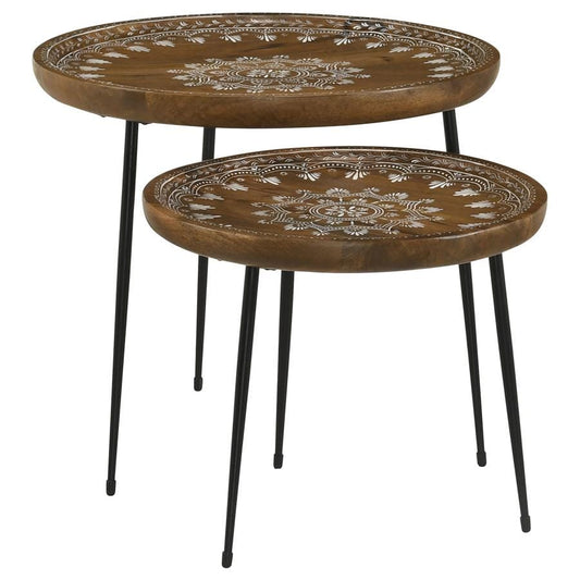 Nuala 2-piece Round Nesting Table with Tripod Tapered Legs Honey and Black