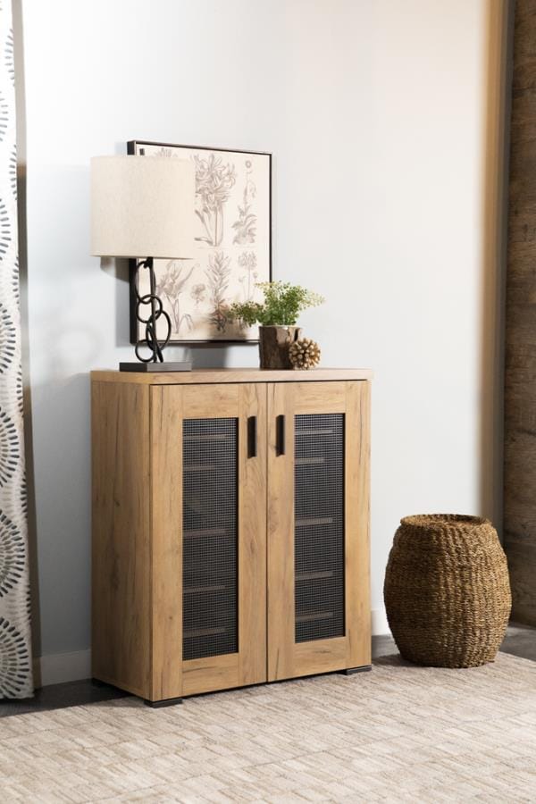 Bristol Metal Mesh Door Accent Cabinet Golden Oak