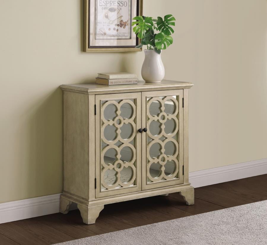 Rectangular Floral Mirrored Door Accent Cabinet Natural