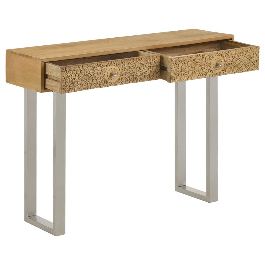 Draco Console Table with Hand Carved Drawers Natural