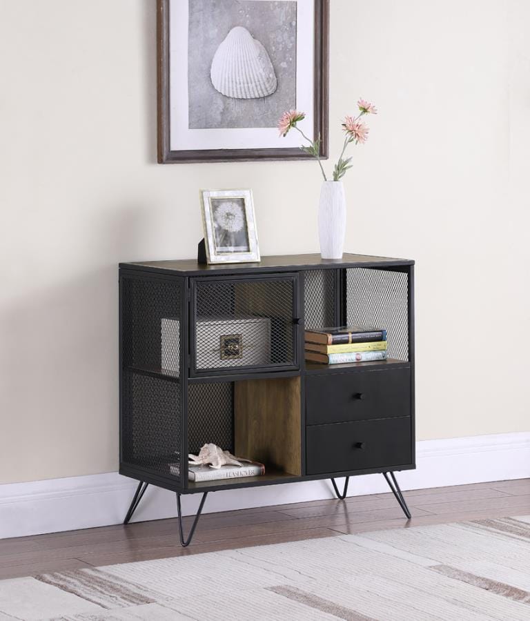 Hairpin Leg Accent Cabinet Light Oak and Gunmetal Grey