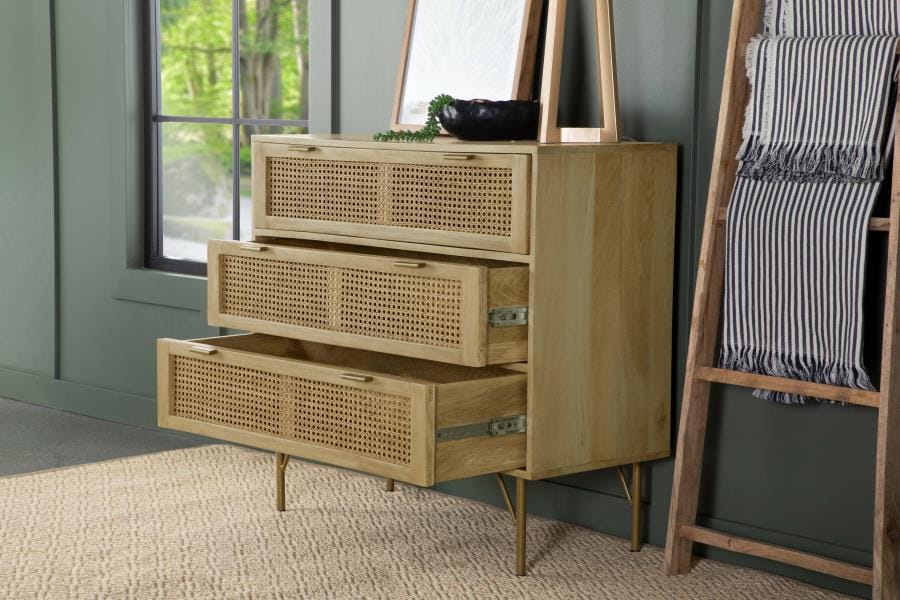 Zamora 3-drawer Accent Cabinet Natural and Antique Brass