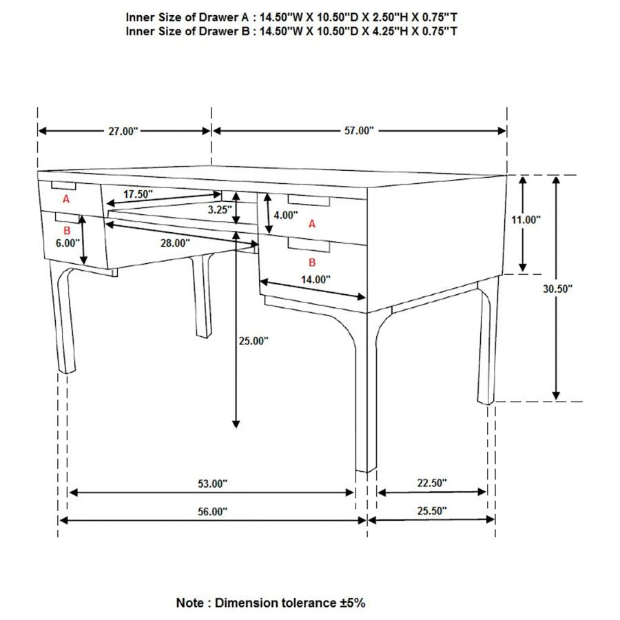 Portwall 4-drawer Writing Desk Brown and Matte Black