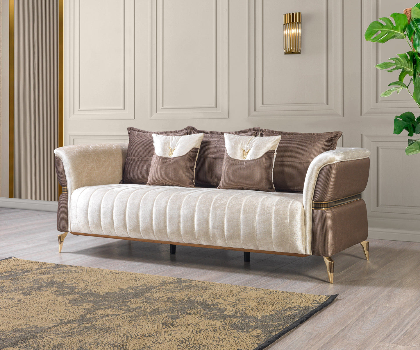 Leina Ivory-Coffee  Velvet Sofa & Loveseat