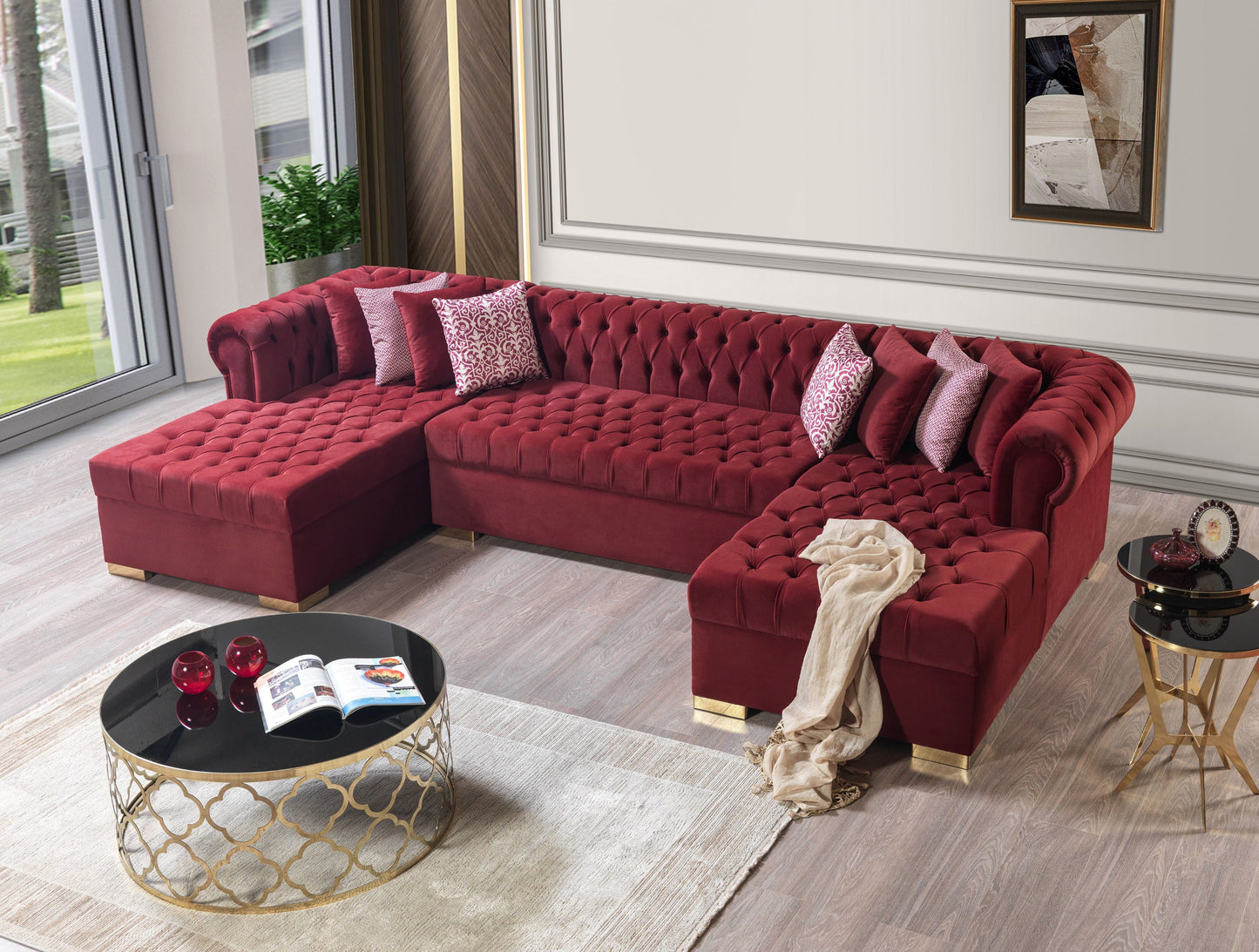 Lauren Maroon Velvet Double Chaise Sectional