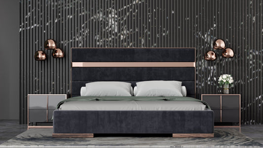 Nova Domus Cartier - Eastern King Modern Black + Rose Gold Bed + Nightstands