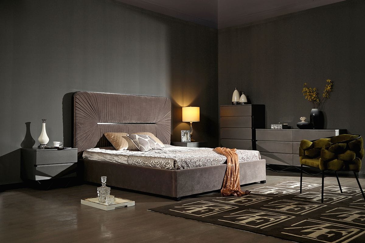 Modrest Duke Modern Grey Velvet & Black Gun Chrome Q Bedroom Set