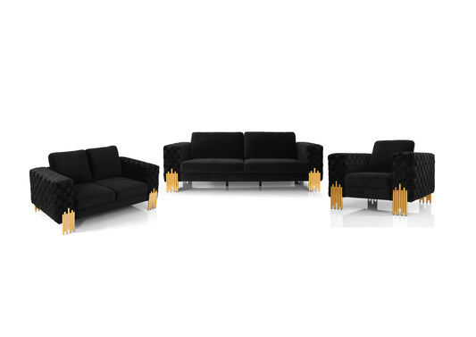 Divani Casa Georgia- Modern Velvet Glam Black + Gold Sofa Set
