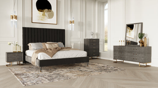 Modrest Hemlock Howard- Modern Dark Grey Velvet and Shagreen Grey Q Bedroom Set