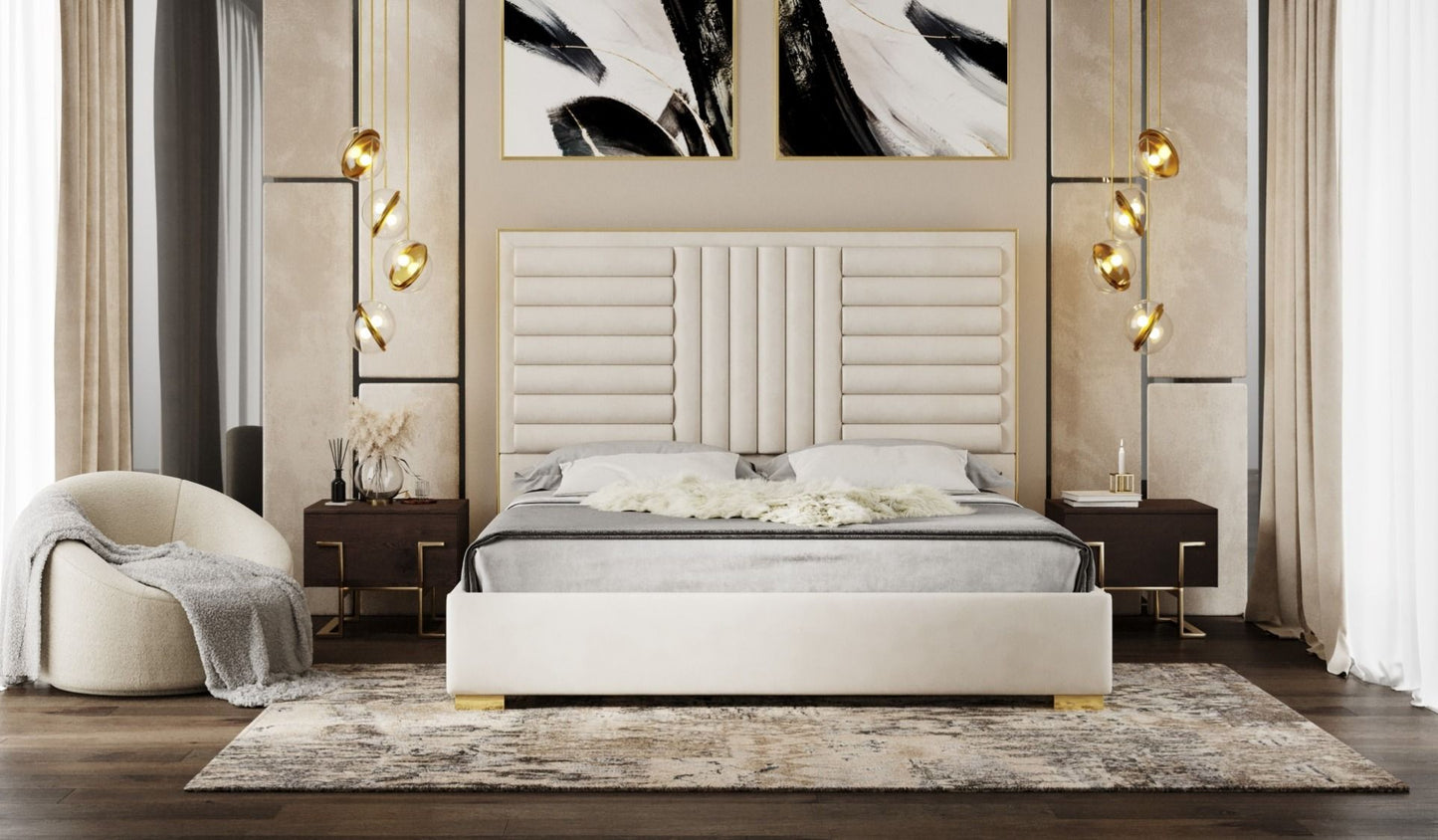 Modrest Eldora - Glam Beige Velvet and Brushed Brass CK Bed