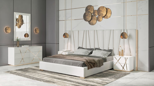 Modrest Nixa - California King Modern White + Gold Bed + Nightstands