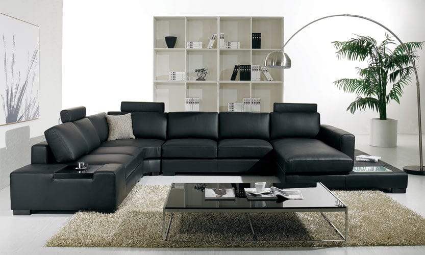 T35 - Modern Black Genuine Leather Sectional Sofa with Light
