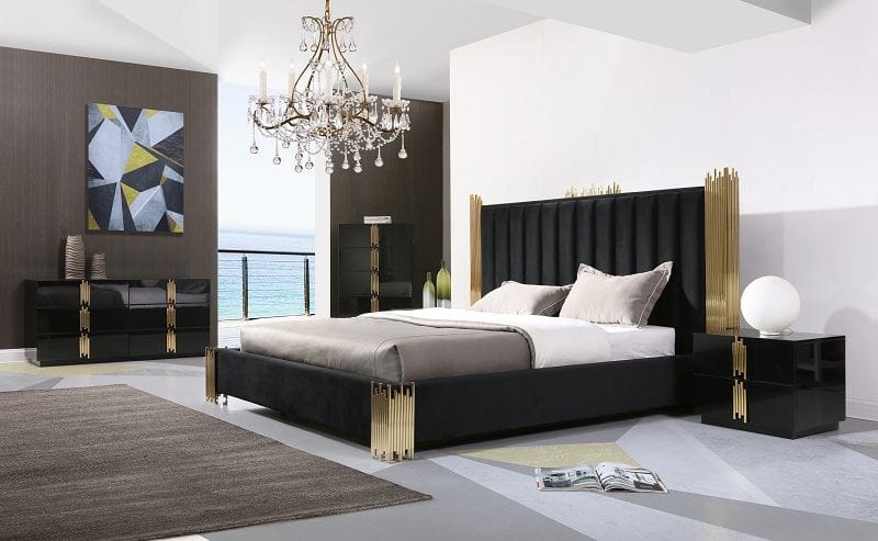 Modrest Token - California King Modern Black + Gold Bed + Nightstands